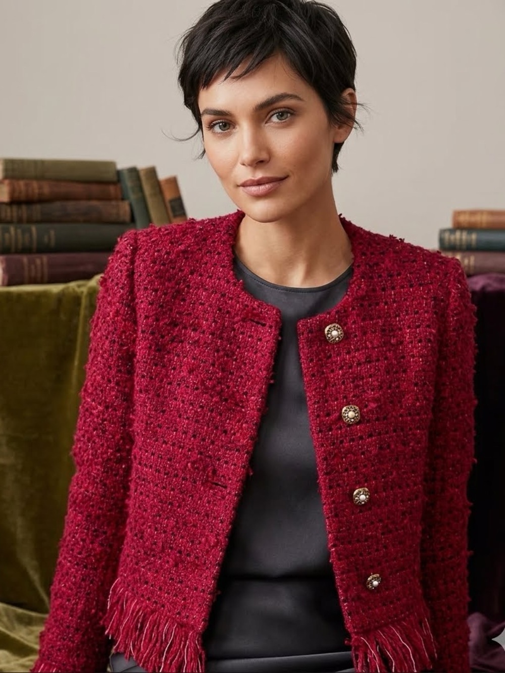 Tweed Deep Magenta Fringe Jacket